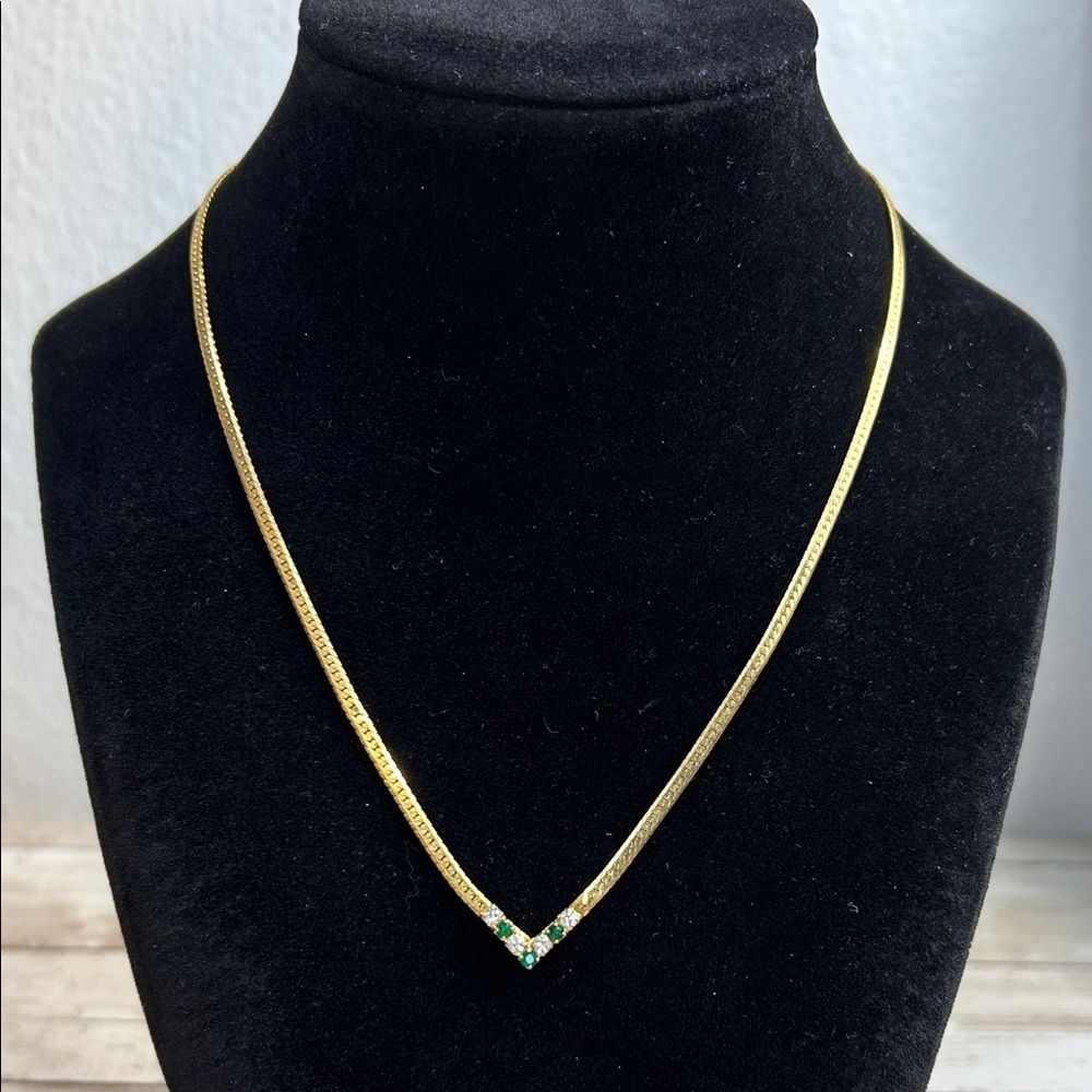 Elegant Dainty Gold Necklace with Emerald Crystal Accents